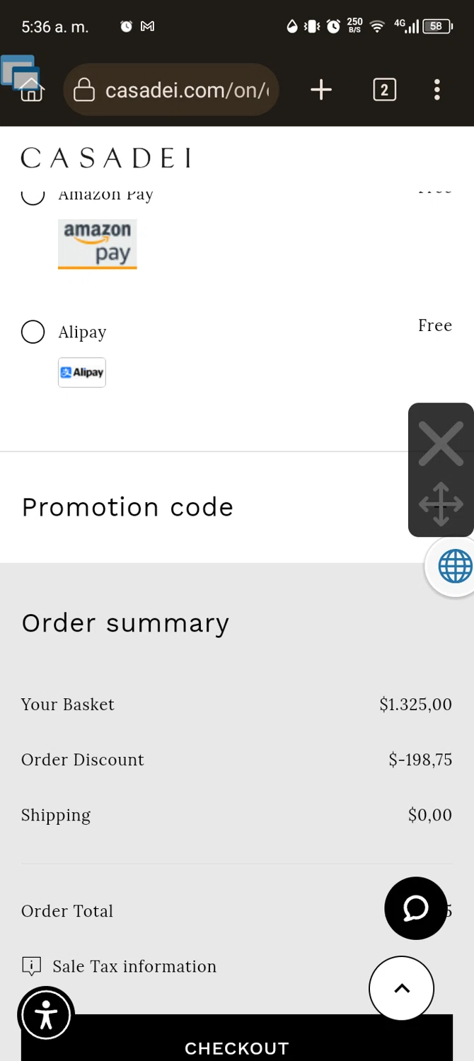 Casadei promo code screenshot showing code BENVENUTA applied at Casadei checkout page. Uploaded by SimplyCodes community member Usuario_simply on Mar 25, 2025
