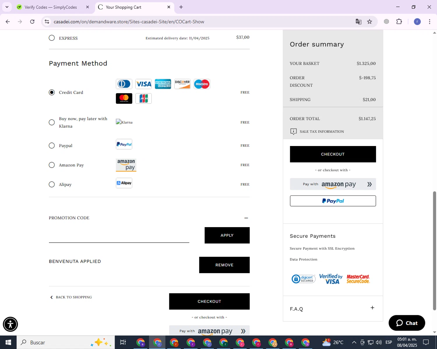 Casadei promo code screenshot showing code BENVENUTA applied at Casadei checkout page. Uploaded by SimplyCodes community member QuestLion3125 on Apr 8, 2025
