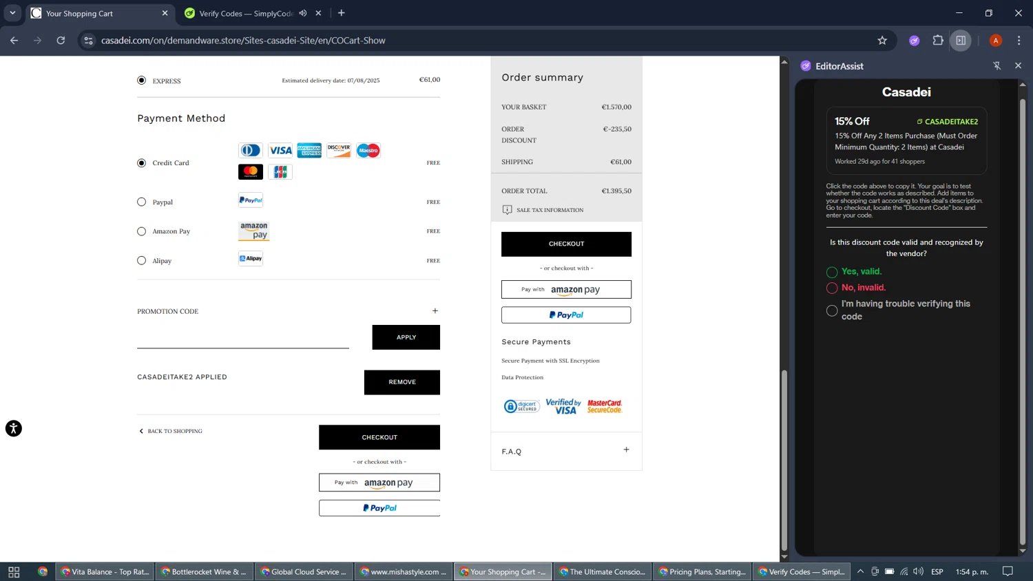 Casadei promo code screenshot showing code CASADEITAKE2 applied at Casadei checkout page. Uploaded by SimplyCodes community member AlvaroCG on Aug 3, 2025