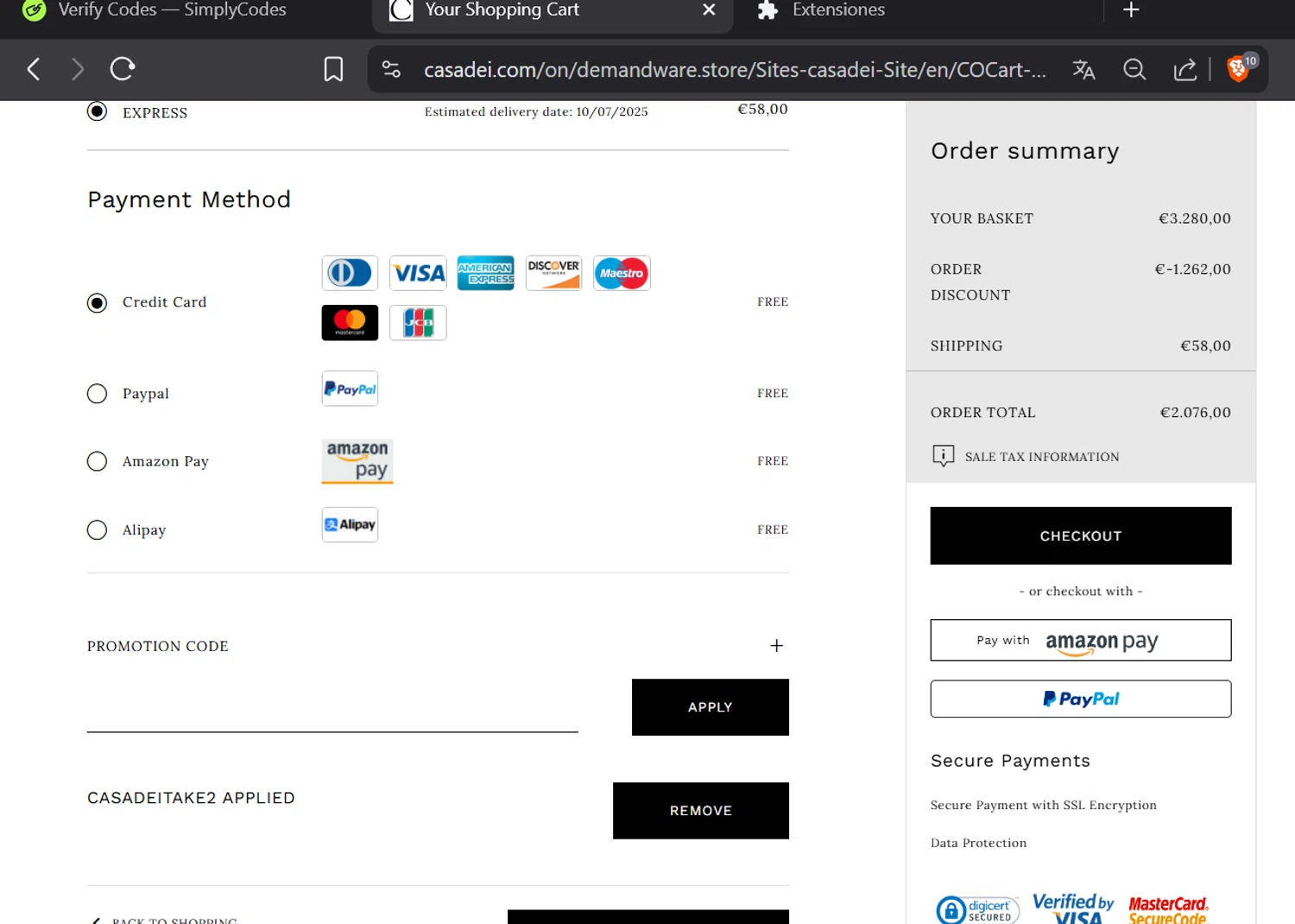 Casadei promo code screenshot showing code CASADEITAKE2 applied at Casadei checkout page. Uploaded by SimplyCodes community member Trump23 on Jul 5, 2025