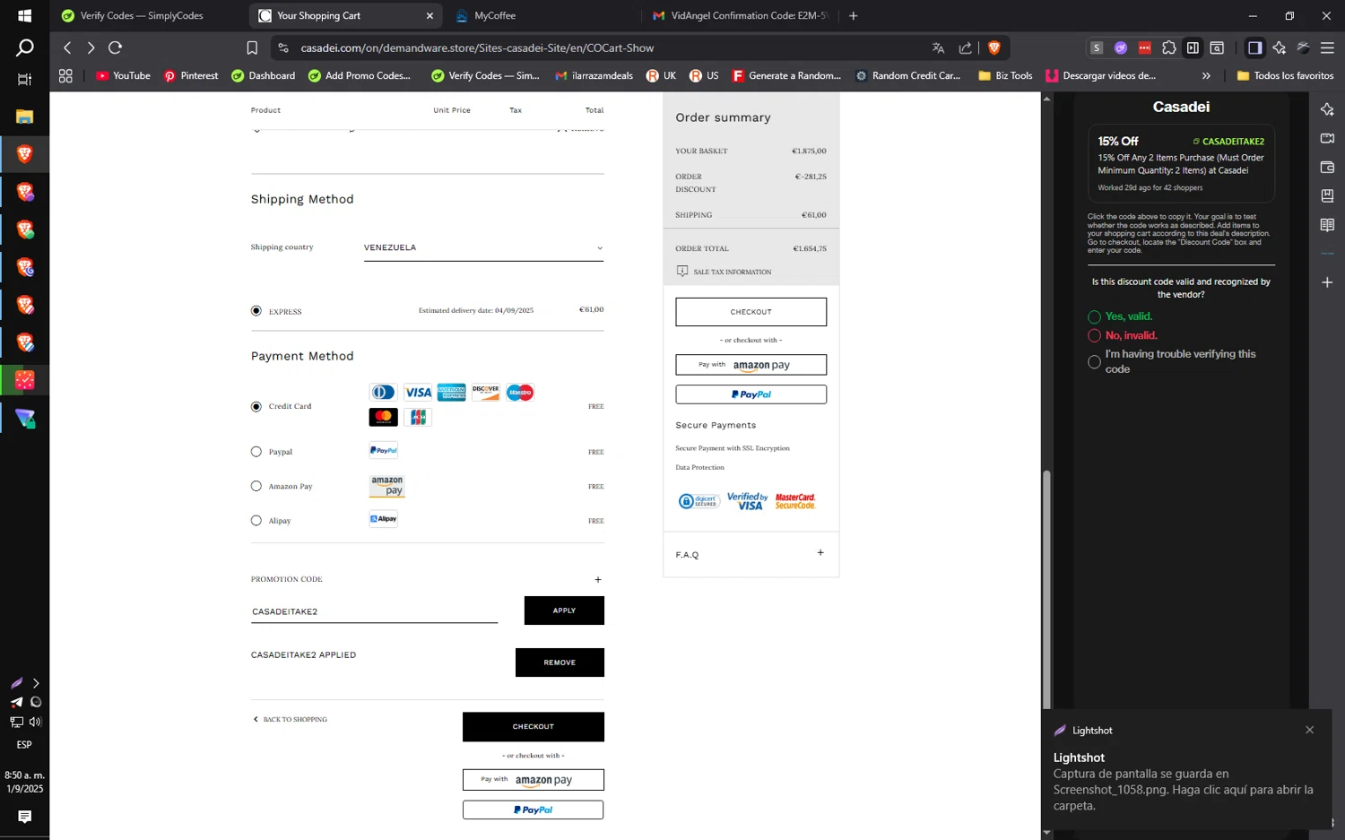 Casadei promo code screenshot showing code CASADEITAKE2 applied at Casadei checkout page. Uploaded by SimplyCodes community member ilarrazaM1 on Sep 1, 2025