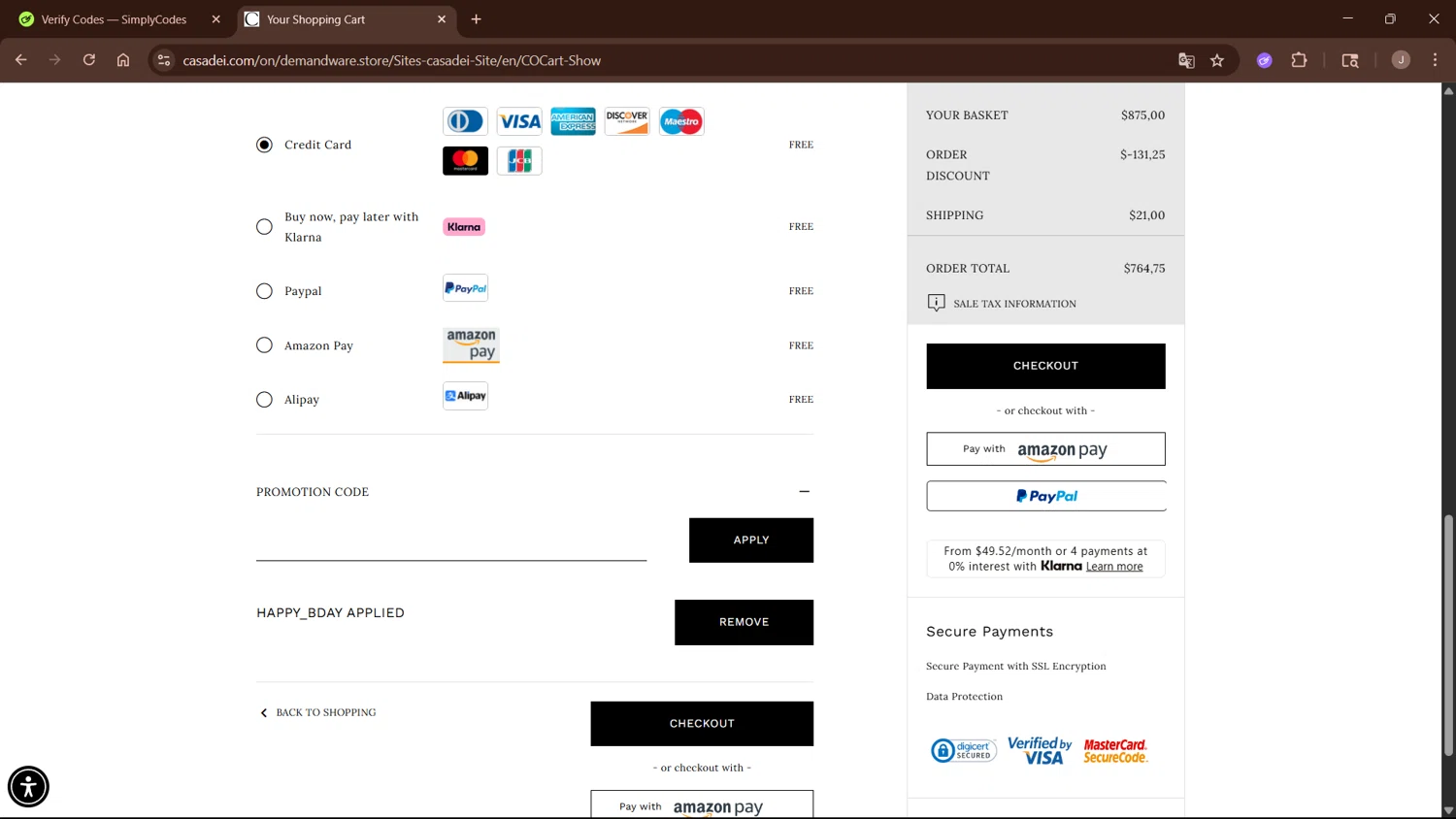 Casadei promo code screenshot showing code HAPPY_BDAY applied at Casadei checkout page. Uploaded by SimplyCodes community member WisePro3955 on Jun 6, 2025