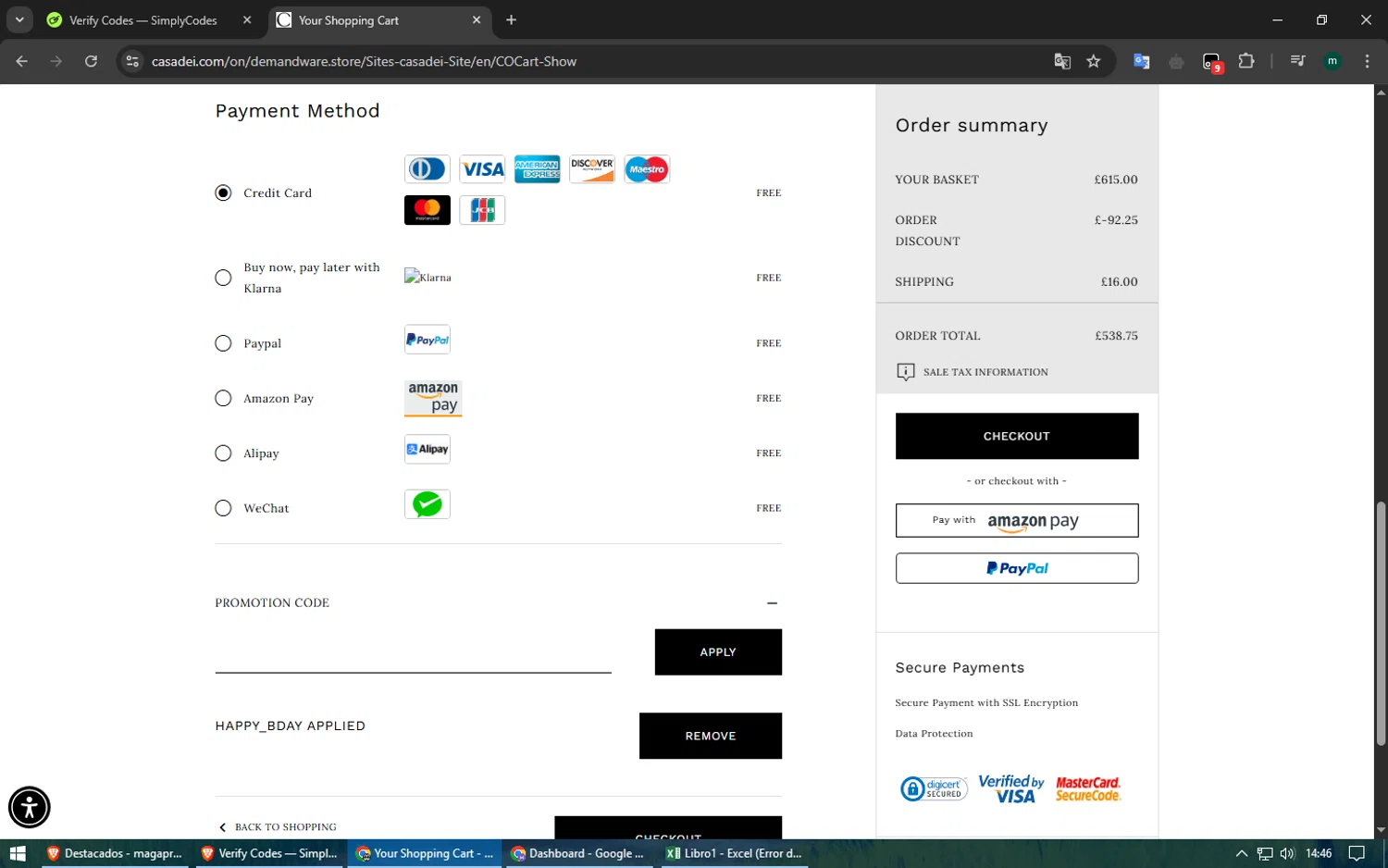 Casadei promo code screenshot showing code HAPPY_BDAY applied at Casadei checkout page. Uploaded by SimplyCodes community member Voucher200 on Apr 28, 2025