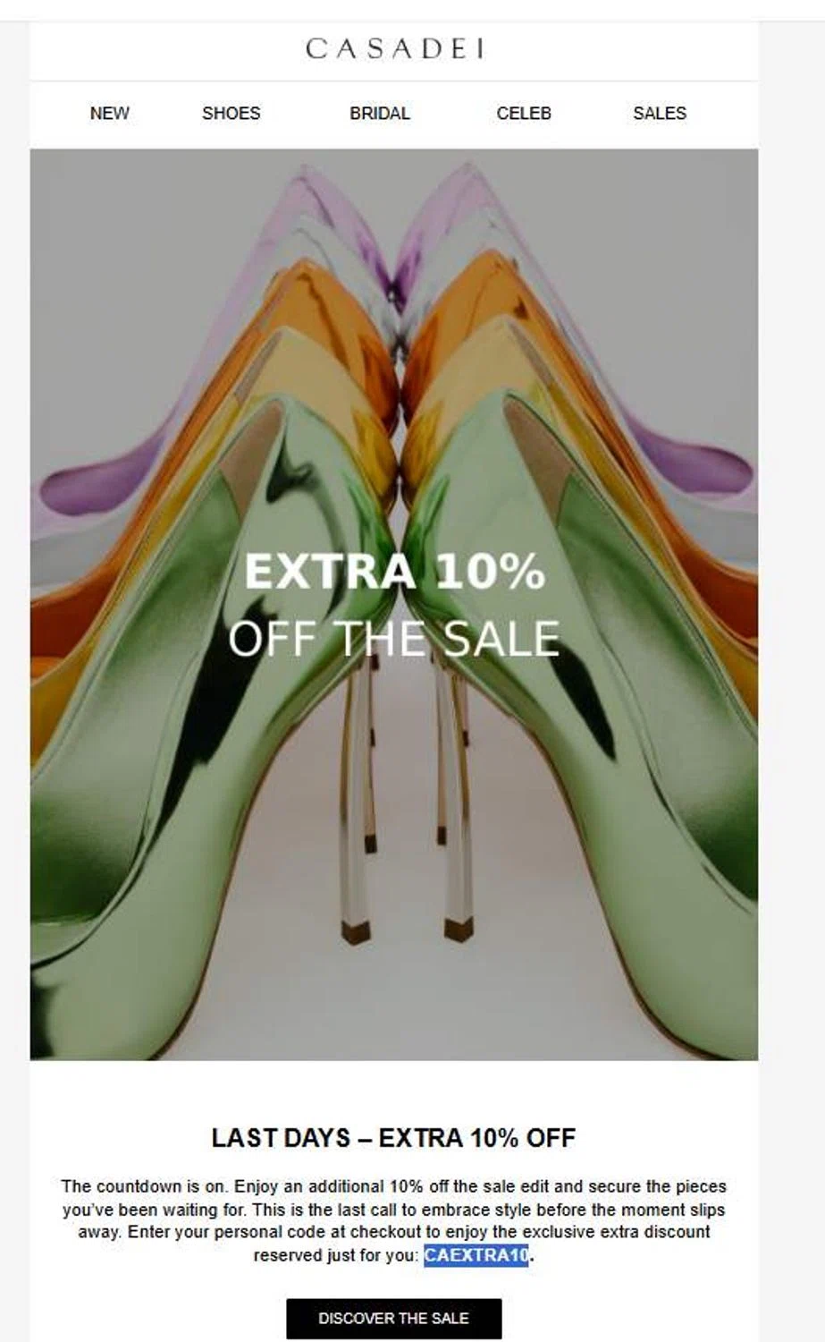 Casadei promo code screenshot showing code CAEXTRA10 applied at Casadei checkout page. Uploaded by SimplyCodes community member stygian1 on Sep 22, 2025