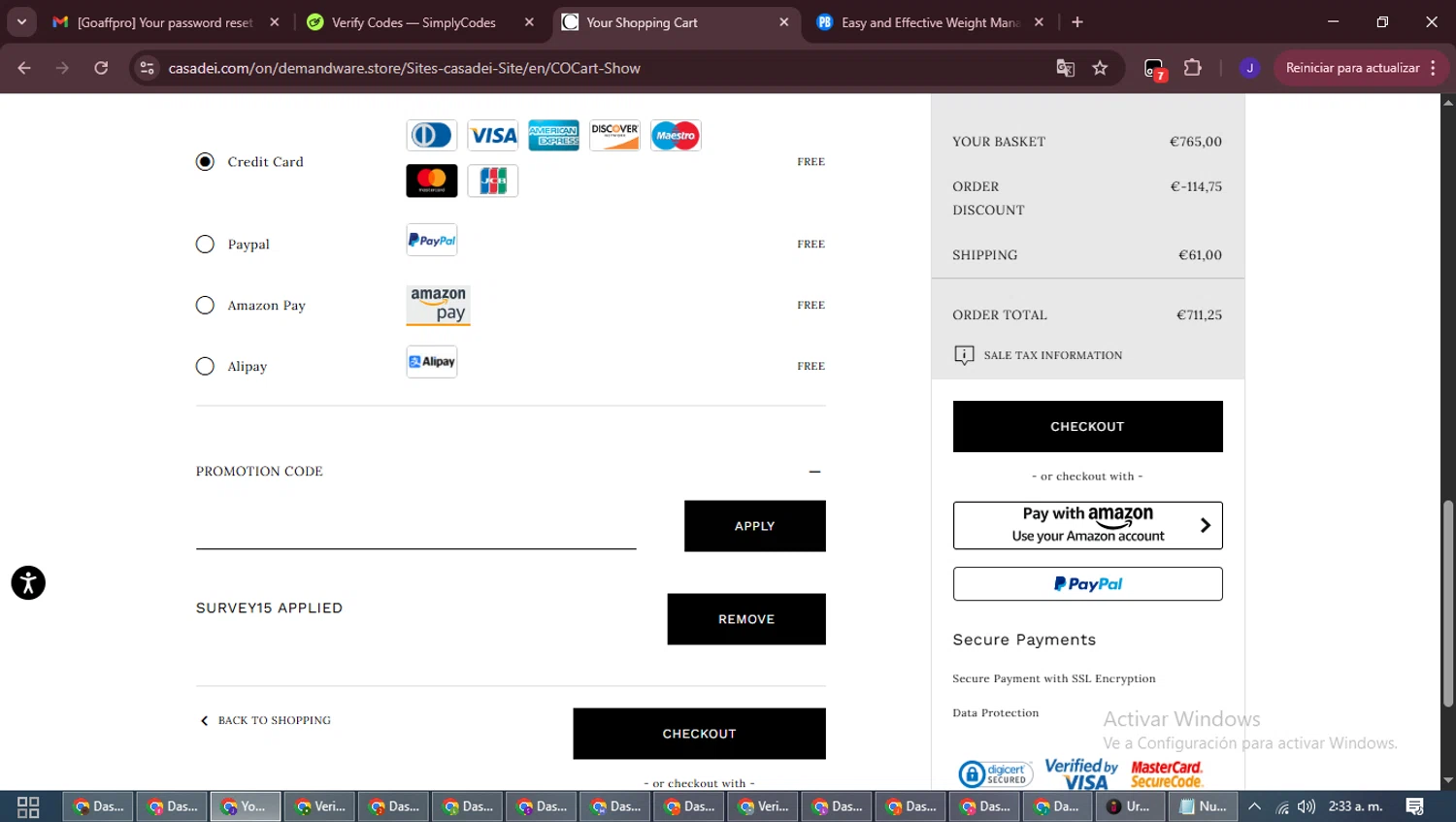 Casadei checkout page showing Casadei promo code box | Screenshot taken by SimplyCodes community member on Jan 14, 2026