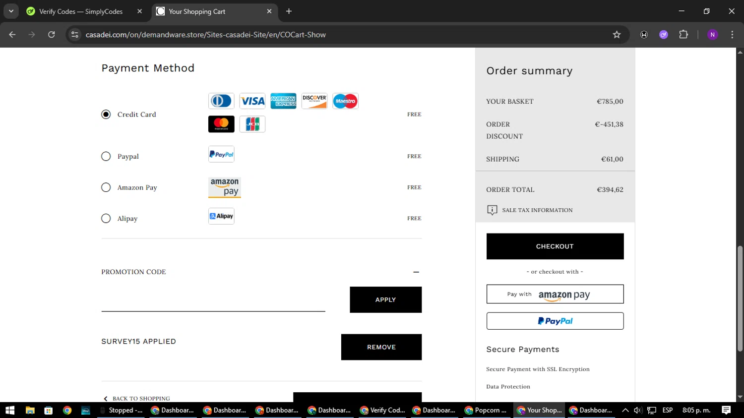 Casadei promo code screenshot showing code SURVEY15 applied at Casadei checkout page. Uploaded by SimplyCodes community member NATAAAAAANAELCANO on Aug 12, 2025