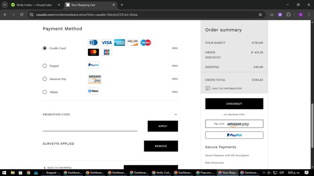 Casadei checkout page showing Casadei promo code box | Screenshot taken by SimplyCodes community member on Aug 12, 2025