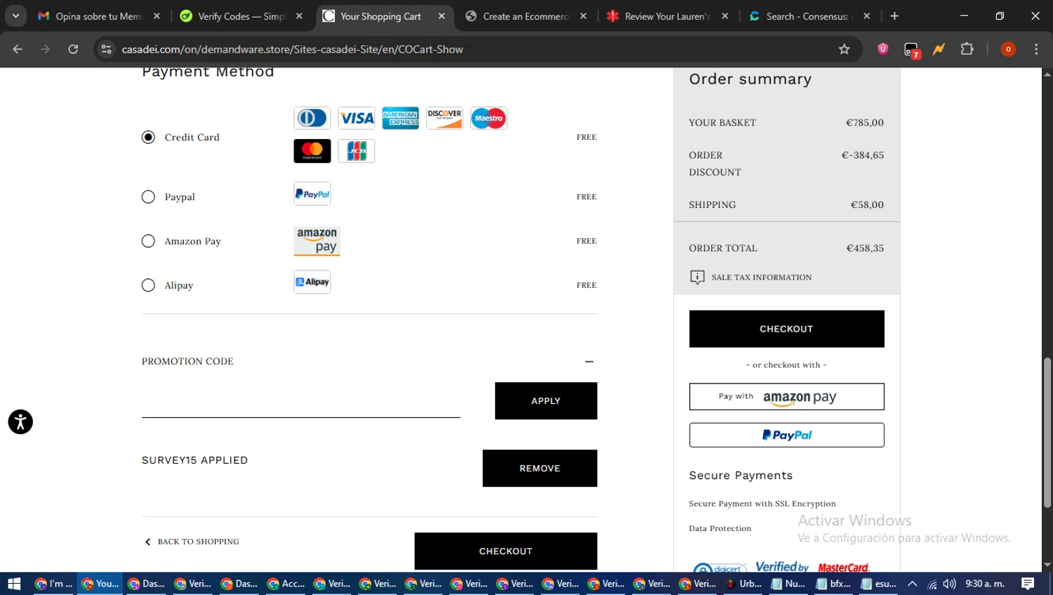 Casadei promo code screenshot showing code SURVEY15 applied at Casadei checkout page. Uploaded by SimplyCodes community member WiseTracker2171 on Jul 13, 2025