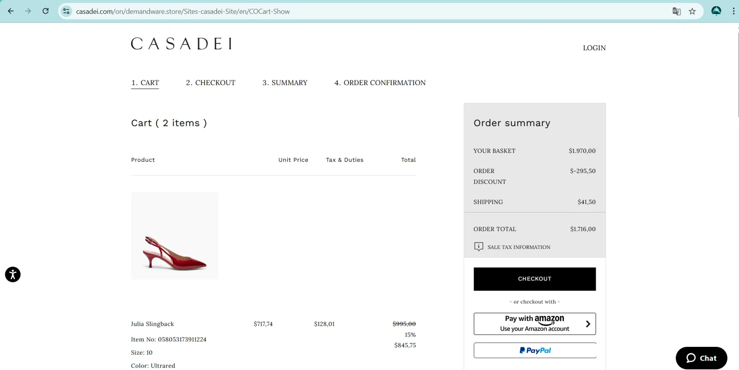 Casadei checkout page showing Casadei promo code box | Screenshot taken by SimplyCodes community member on Feb 13, 2026