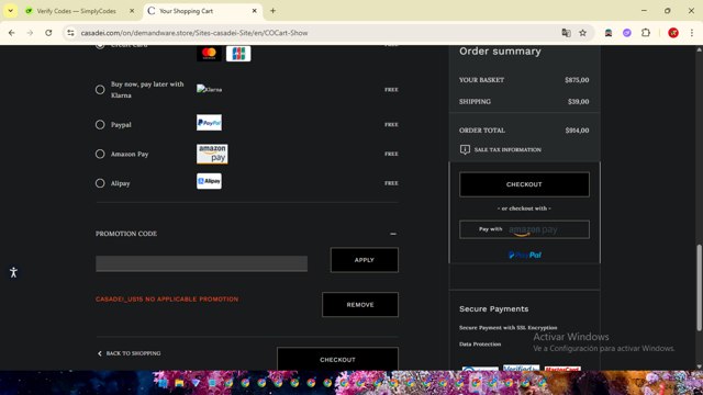 Casadei checkout page showing Casadei promo code box | Screenshot taken by SimplyCodes community member on Aug 24, 2025