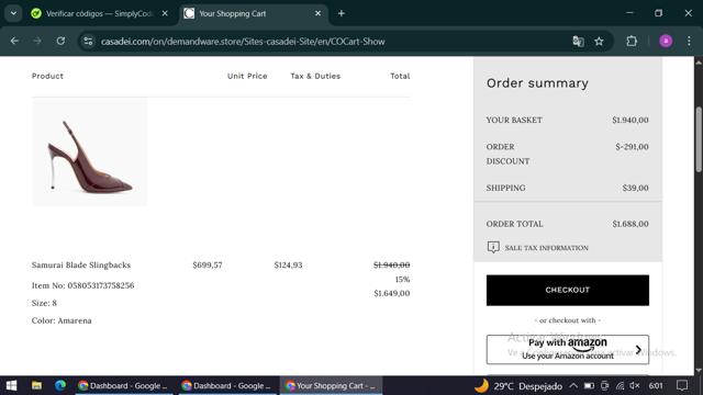 Casadei checkout page showing Casadei promo code box | Screenshot taken by SimplyCodes community member on Sep 30, 2025
