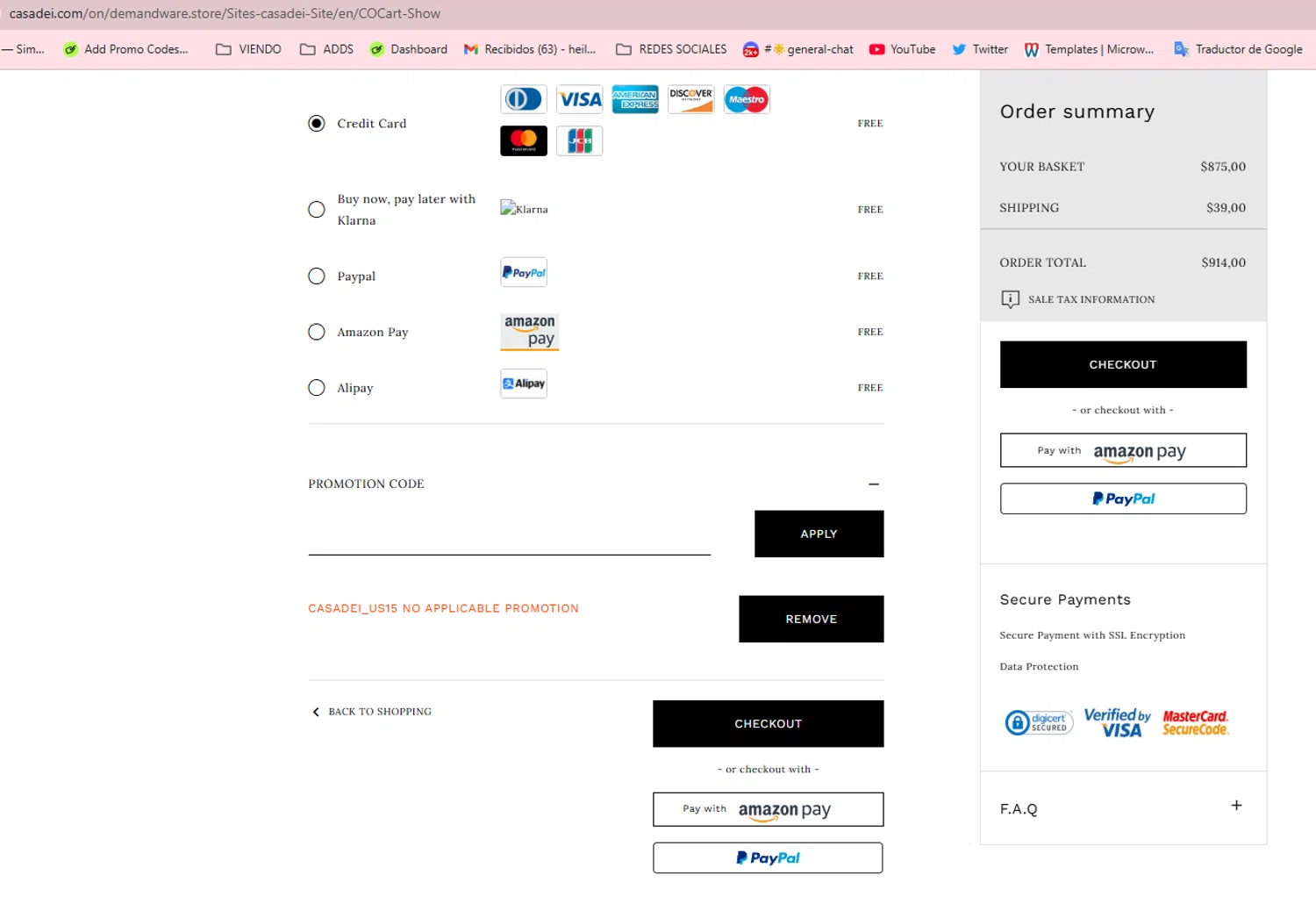 Casadei promo code screenshot showing code CASADEI_US15 applied at Casadei checkout page. Uploaded by SimplyCodes community member aumentadax10 on Aug 24, 2025