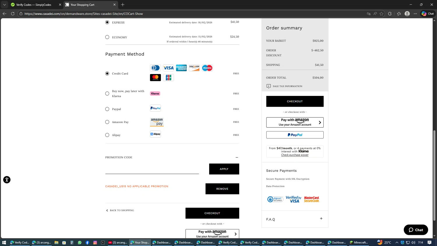 Casadei checkout page showing Casadei promo code box | Screenshot taken by SimplyCodes community member on Feb 5, 2026