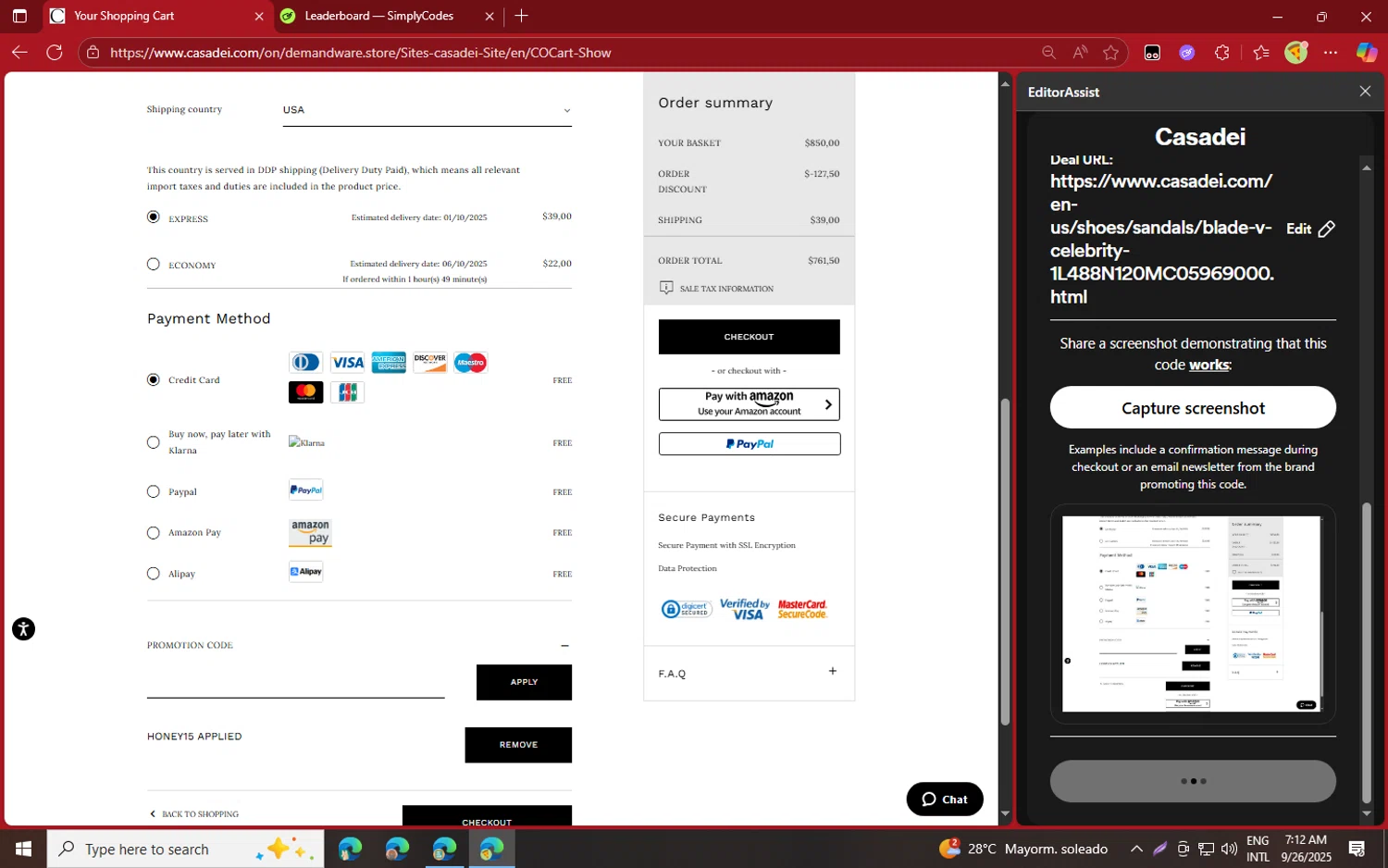 Casadei promo code screenshot showing code HONEY15 applied at Casadei checkout page. Uploaded by SimplyCodes community member jvllsk2 on Sep 26, 2025
