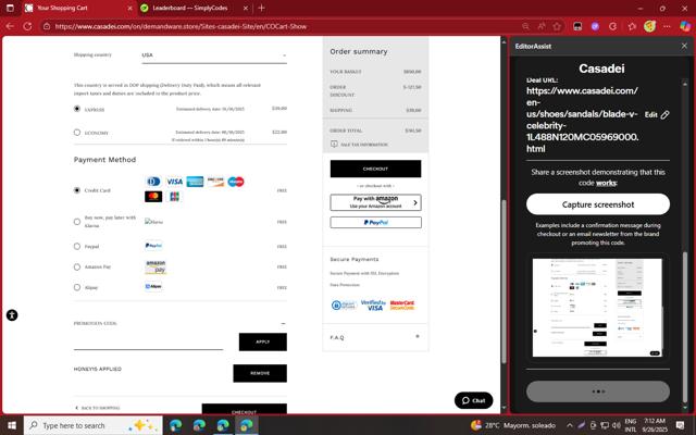 Casadei checkout page showing Casadei promo code box | Screenshot taken by SimplyCodes community member on Sep 26, 2025