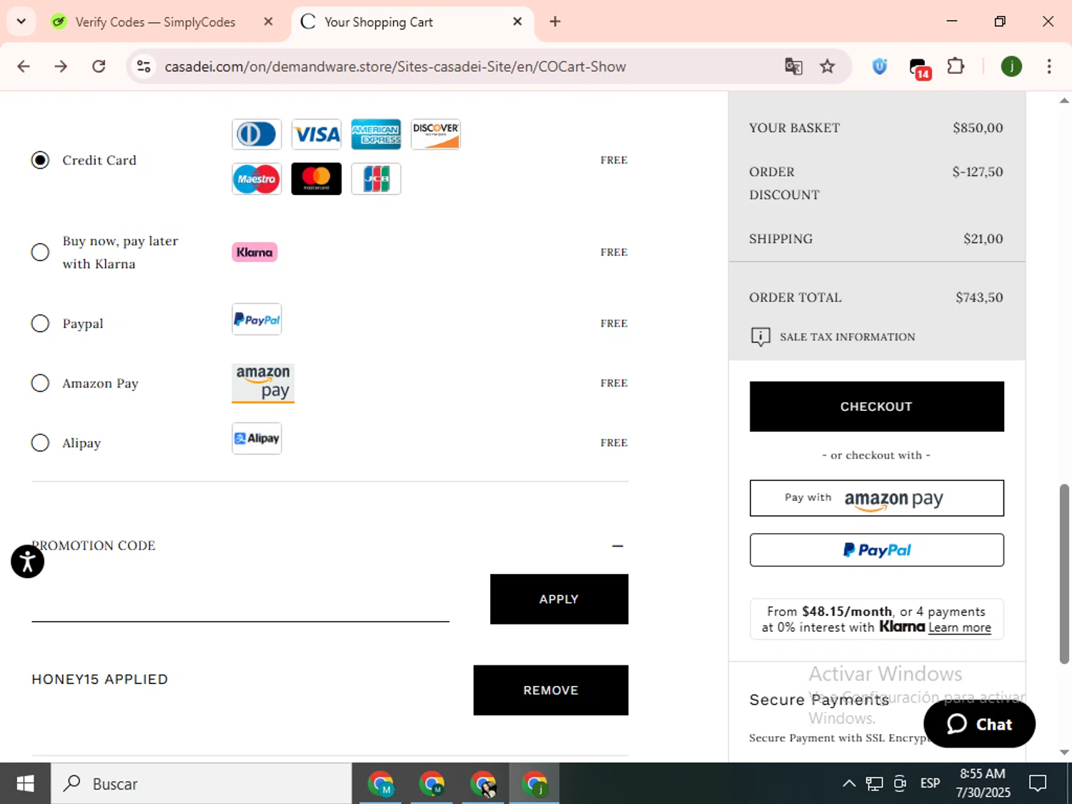 Casadei promo code screenshot showing code HONEY15 applied at Casadei checkout page. Uploaded by SimplyCodes community member SavingsCollector2592 on Jul 30, 2025