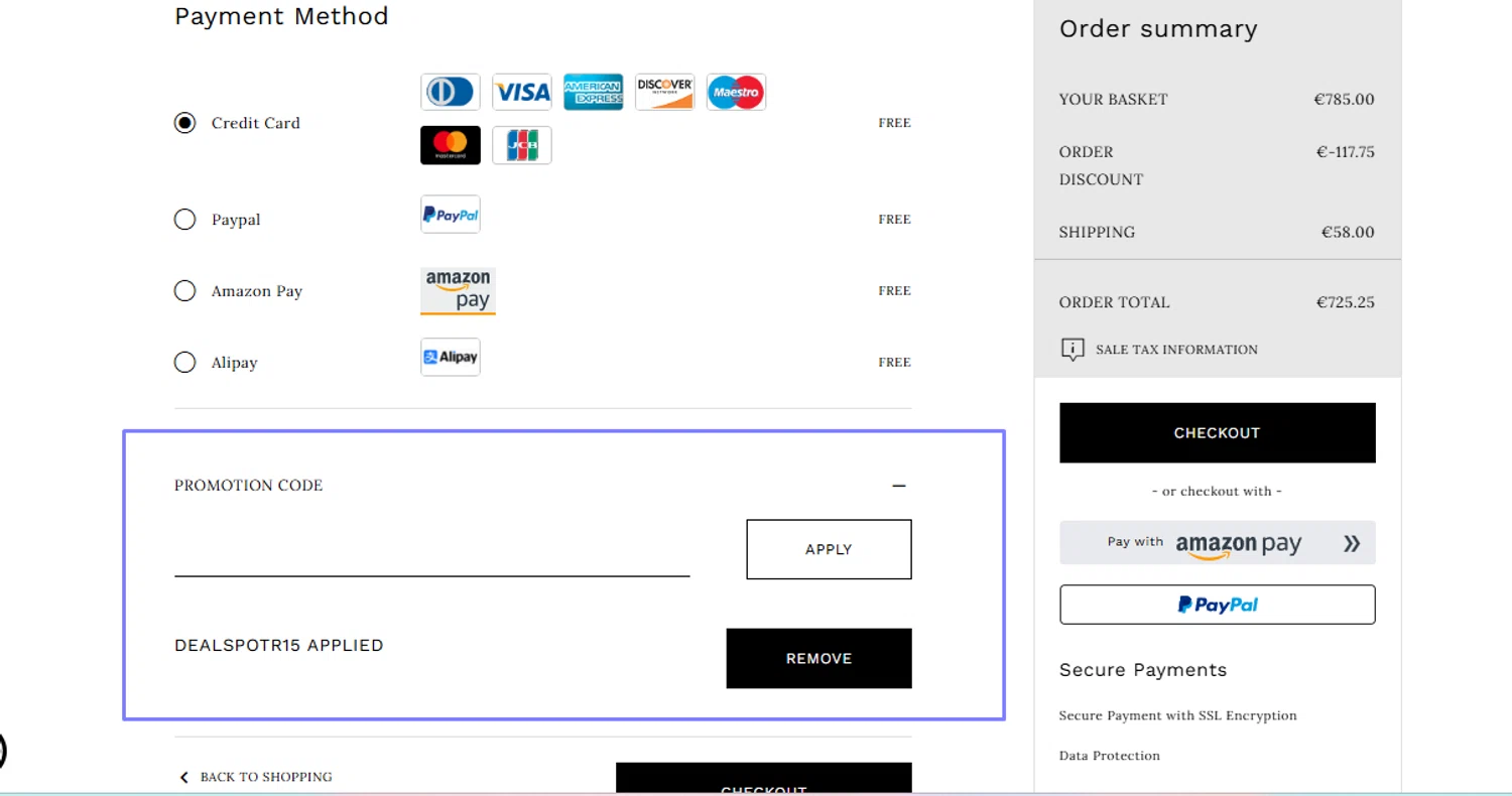 Casadei promo code screenshot showing code DEALSPOTR15 applied at Casadei checkout page. Uploaded by SimplyCodes community member Swiftdealz on Apr 15, 2025