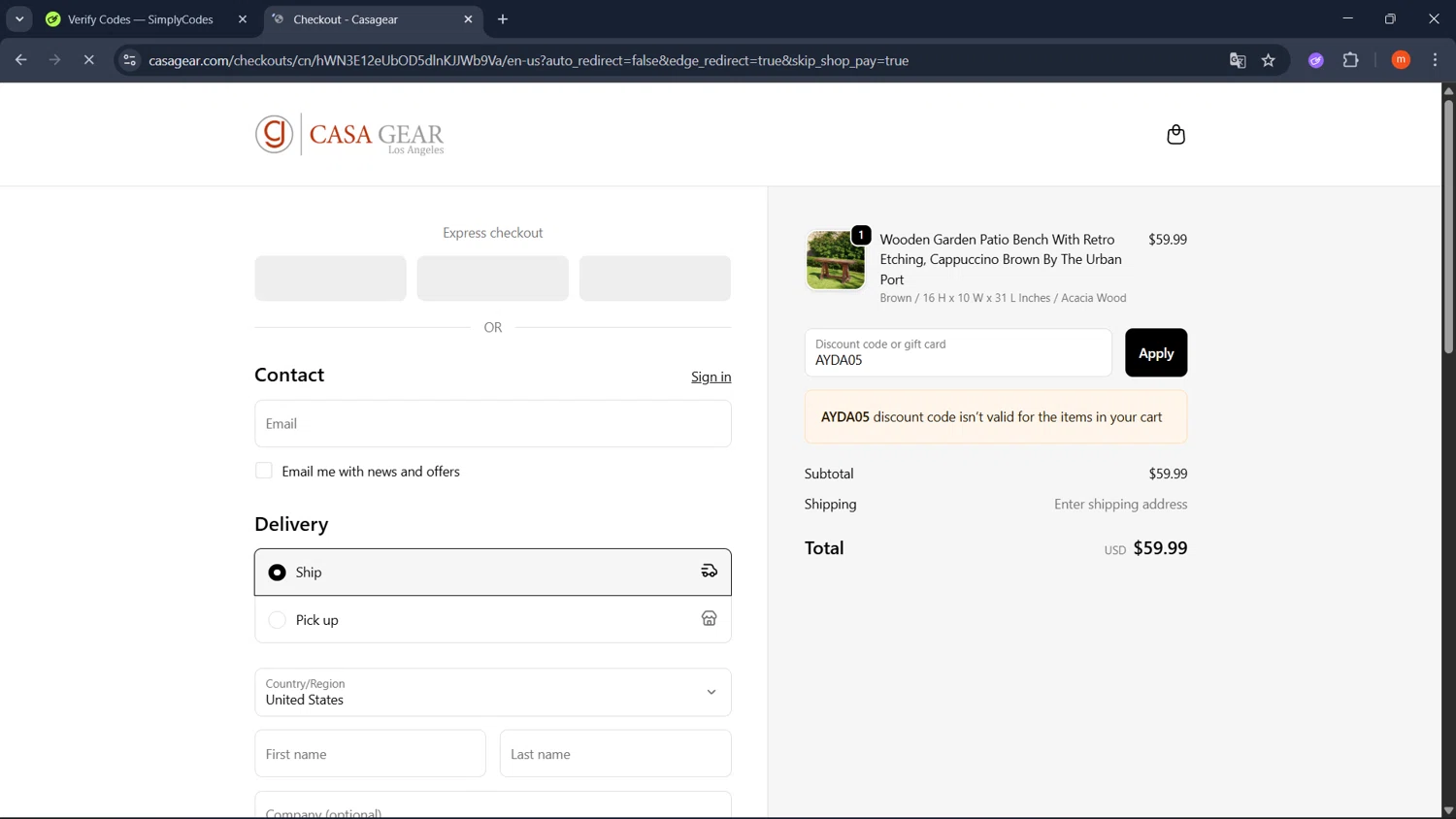 Casagear discount code screenshot showing code AYDA05 applied at Casagear checkout page. Uploaded by SimplyCodes community member PromoMonarch895 on Sep 21, 2025