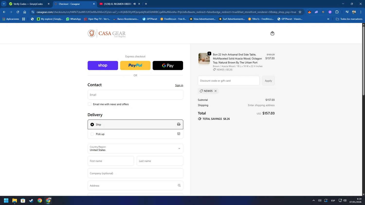 Casagear discount code screenshot showing code NEW05 applied at Casagear checkout page. Uploaded by SimplyCodes community member Cesiita on Jan 7, 2026