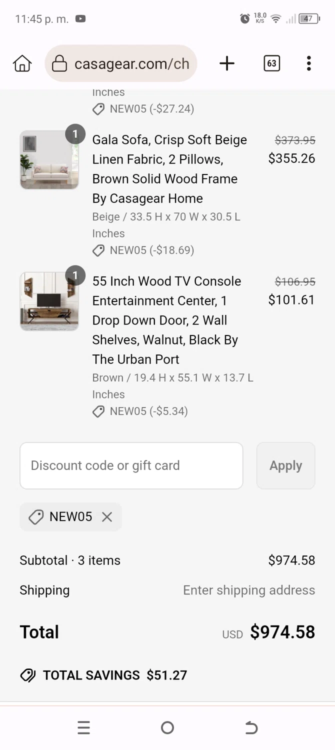 Casagear discount code screenshot showing code NEW05 applied at Casagear checkout page. Uploaded by SimplyCodes community member BonusChaser4306 on May 15, 2025