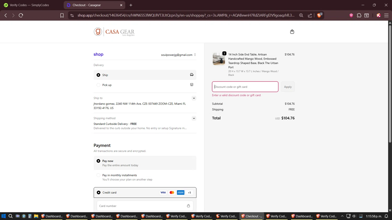 Casagear discount code screenshot showing code BFCM10 applied at Casagear checkout page. Uploaded by SimplyCodes community member Shizuku on Dec 5, 2025