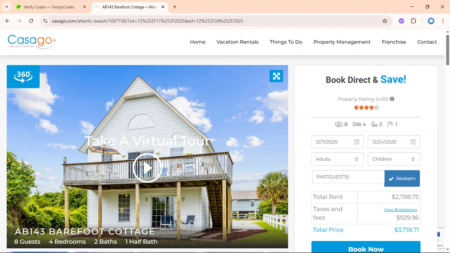 Casago promo code screenshot showing code PASTGUEST10 applied at Casago checkout page. Uploaded by SimplyCodes community member davidguardia on Dec 6, 2025