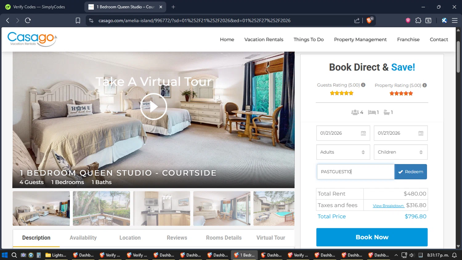 Casago promo code screenshot showing code PASTGUEST10 applied at Casago checkout page. Uploaded by SimplyCodes community member jhordano on Dec 28, 2025