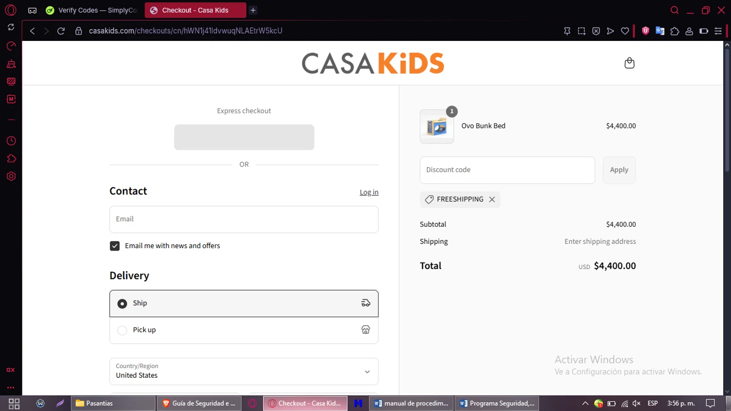 Casa Kids promo code screenshot showing code FREESHIPPING applied at Casa Kids checkout page. Uploaded by SimplyCodes community member CleverMaven2889 on Aug 12, 2025