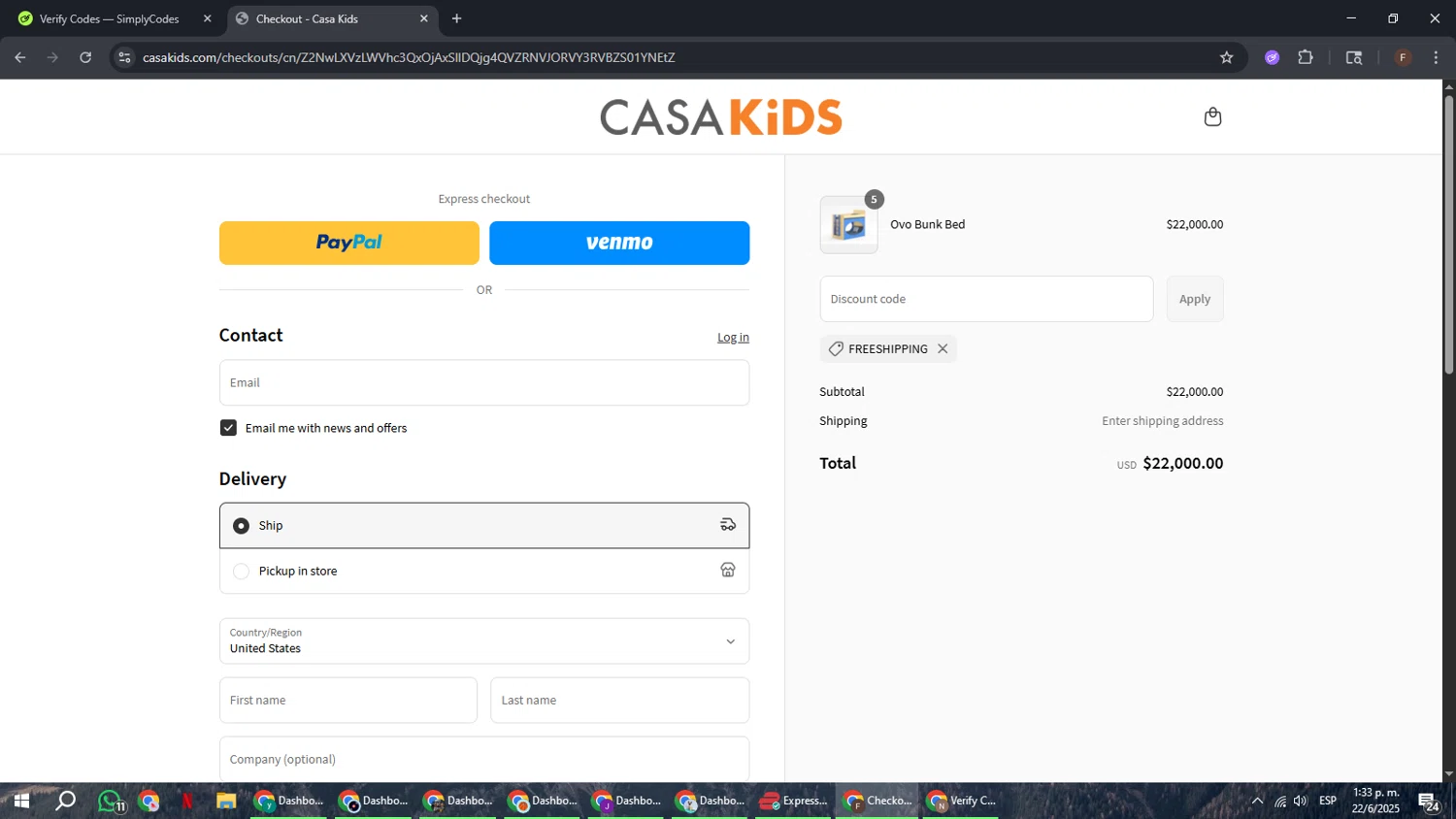 Casa Kids promo code screenshot showing code FREESHIPPING applied at Casa Kids checkout page. Uploaded by SimplyCodes community member ExtraordinaryHunter3076 on Jun 22, 2025