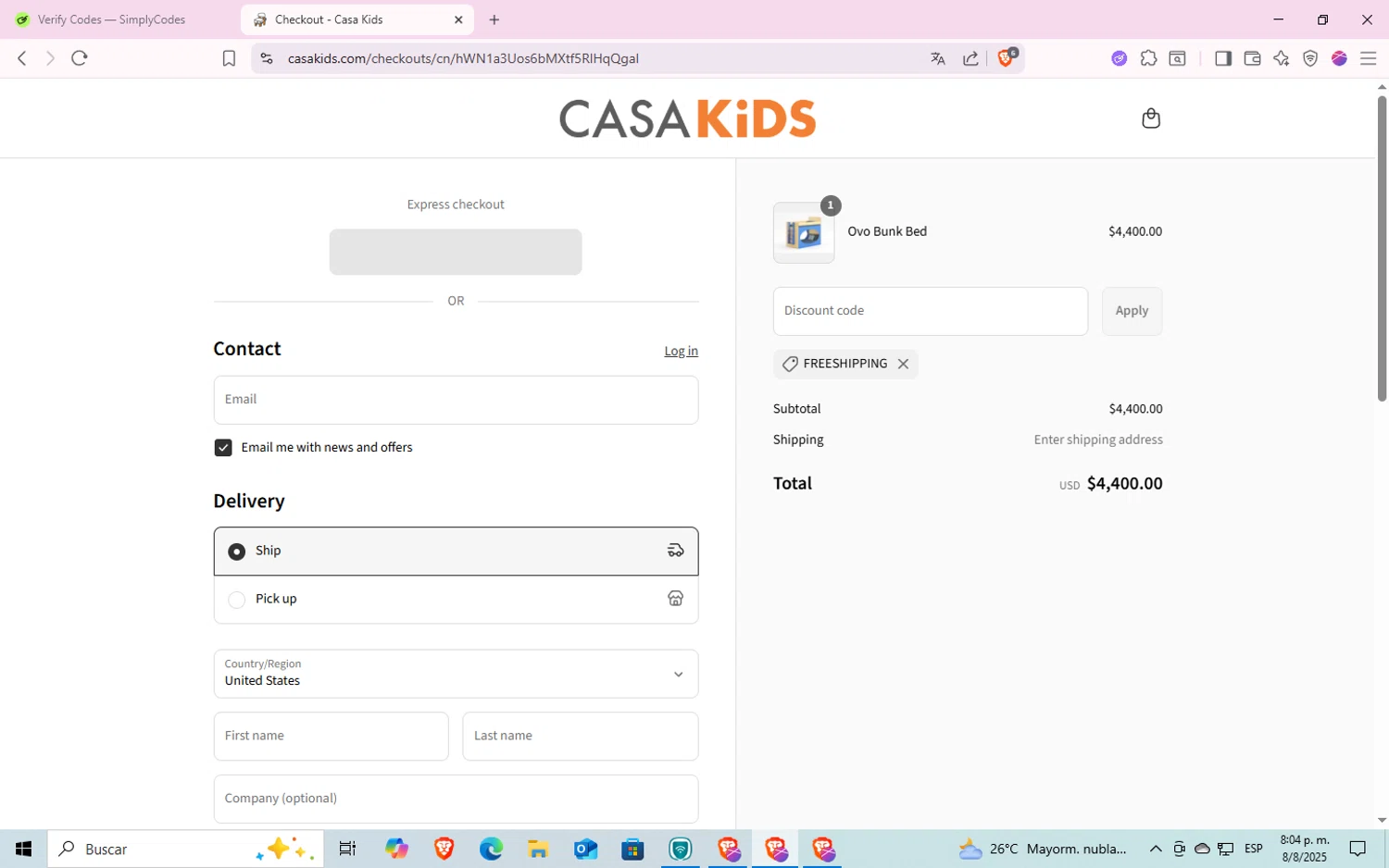 Casa Kids promo code screenshot showing code FREESHIPPING applied at Casa Kids checkout page. Uploaded by SimplyCodes community member godgod on Aug 9, 2025