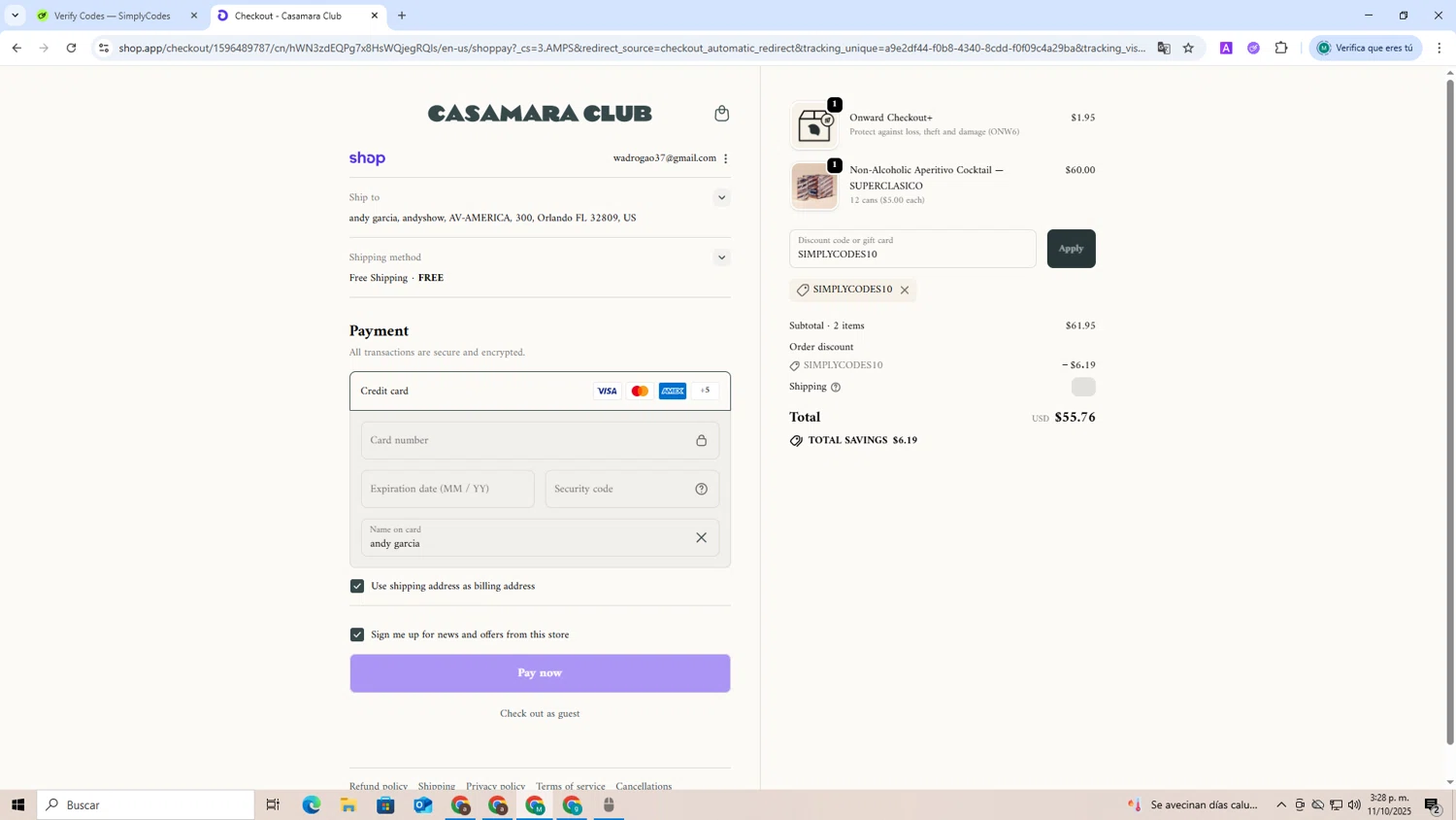 Casamara Club discount code screenshot showing code SIMPLYCODES10 applied at Casamara Club checkout page. Uploaded by SimplyCodes community member CoinCollector8010 on Oct 11, 2025