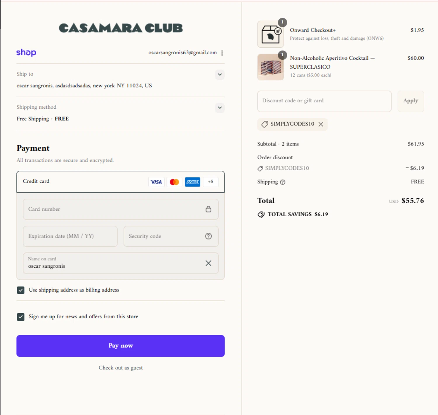 Casamara Club discount code screenshot showing code SIMPLYCODES10 applied at Casamara Club checkout page. Uploaded by SimplyCodes community member Frionel_Pessi on Sep 12, 2025