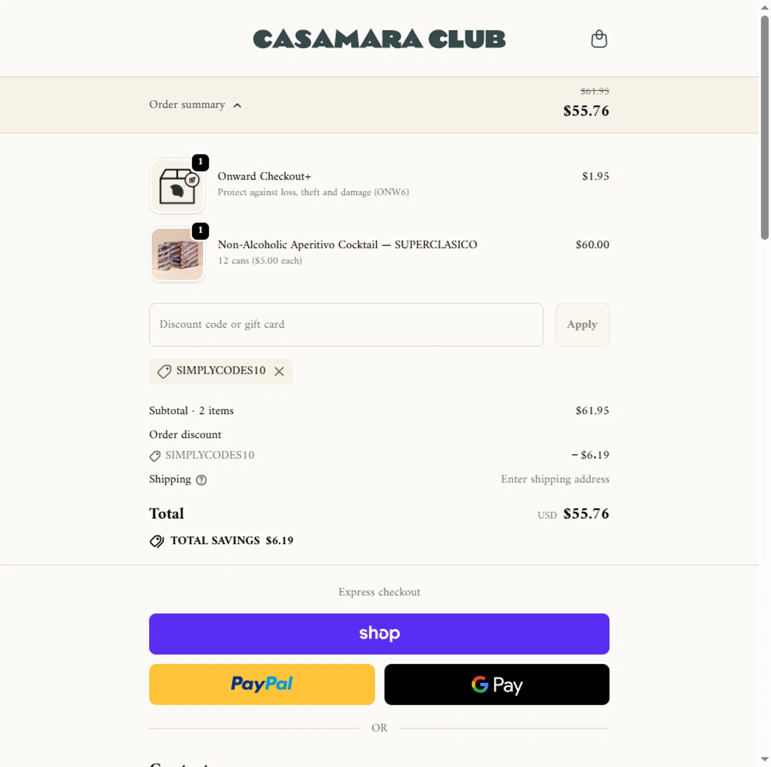 Casamara Club discount code screenshot showing code SIMPLYCODES10 applied at Casamara Club checkout page. Uploaded by SimplyCodes community member Sadalsuud on Nov 15, 2025