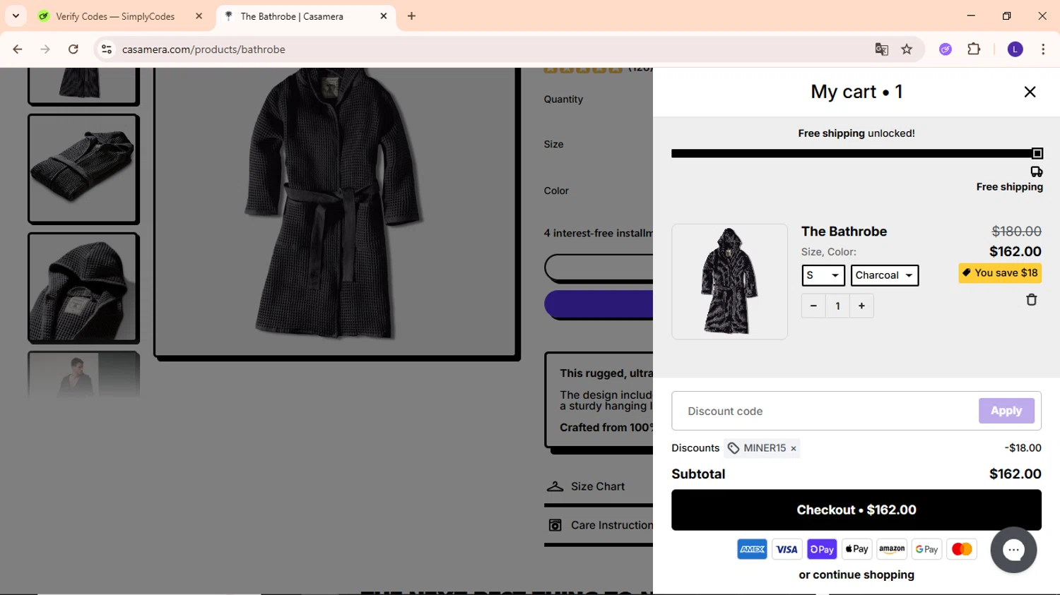 Casamera promo code screenshot showing code MINER15 applied at Casamera checkout page. Uploaded by SimplyCodes community member EpicWarden3081 on Sep 29, 2025