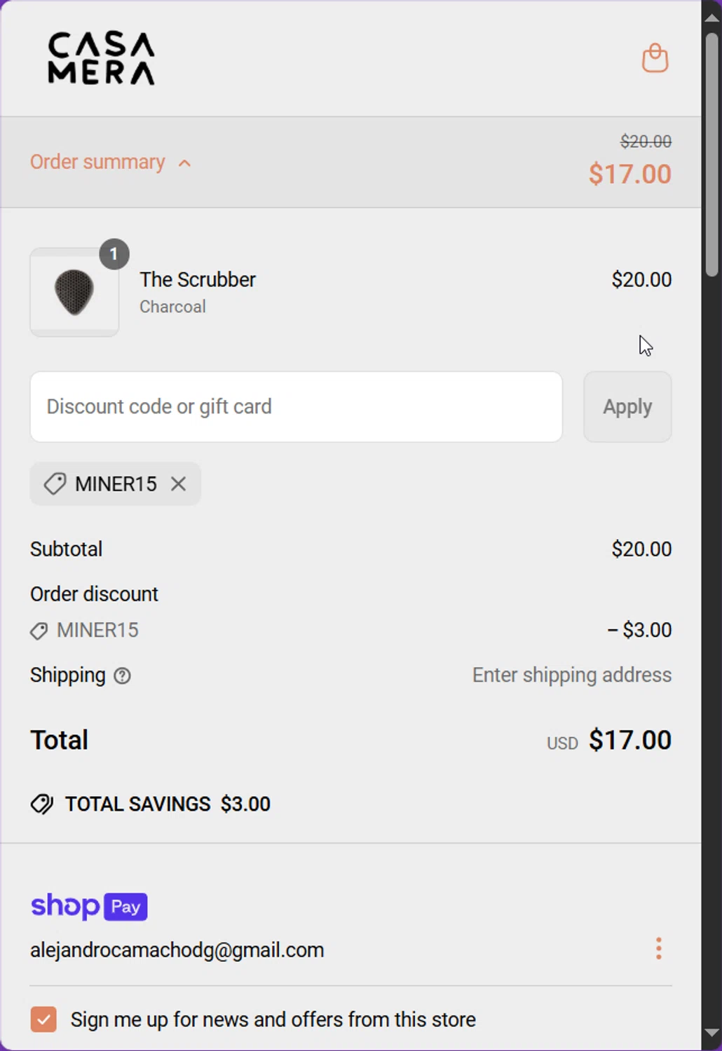 Casamera promo code screenshot showing code MINER15 applied at Casamera checkout page. Uploaded by SimplyCodes community member Lamine_Yamal on Apr 20, 2025