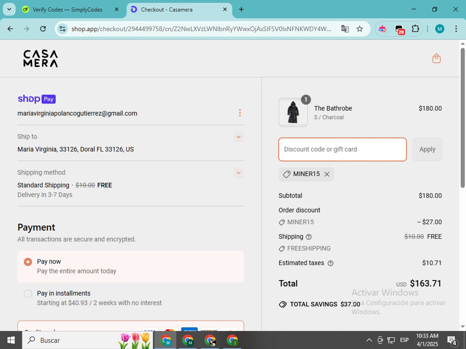Casamera promo code screenshot showing code MINER15 applied at Casamera checkout page. Uploaded by SimplyCodes community member estrellaveloz on Apr 1, 2025