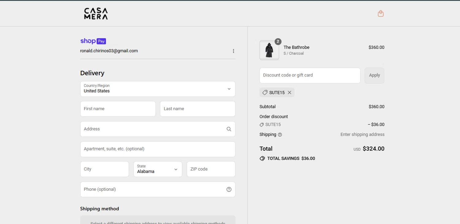 Casamera promo code screenshot showing code SUTE15 applied at Casamera checkout page. Uploaded by SimplyCodes community member BrilliantTitan7739 on Jul 14, 2025