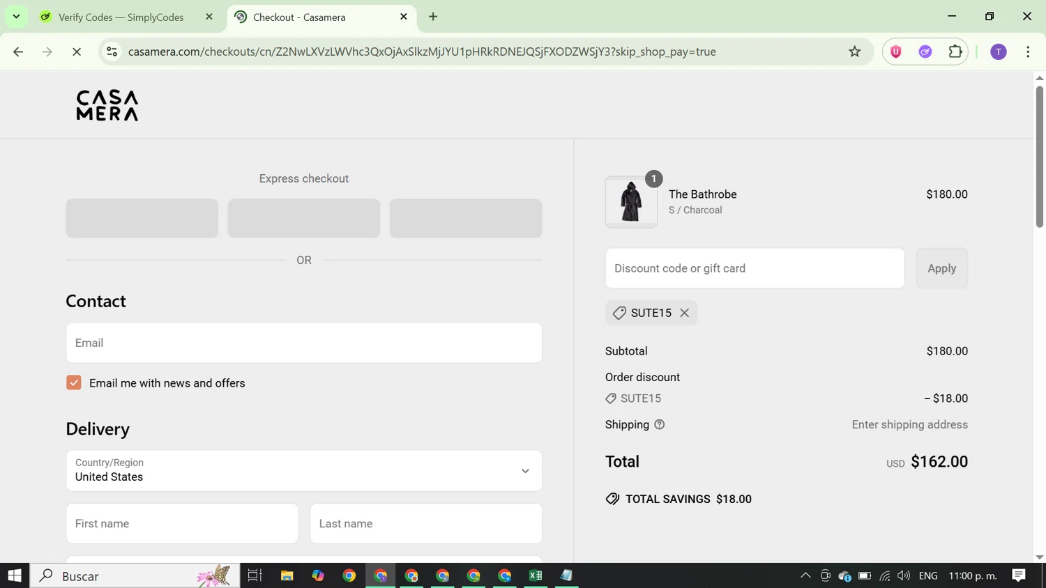 Casamera promo code screenshot showing code SUTE15 applied at Casamera checkout page. Uploaded by SimplyCodes community member FortunateCurator5882 on Jun 19, 2025
