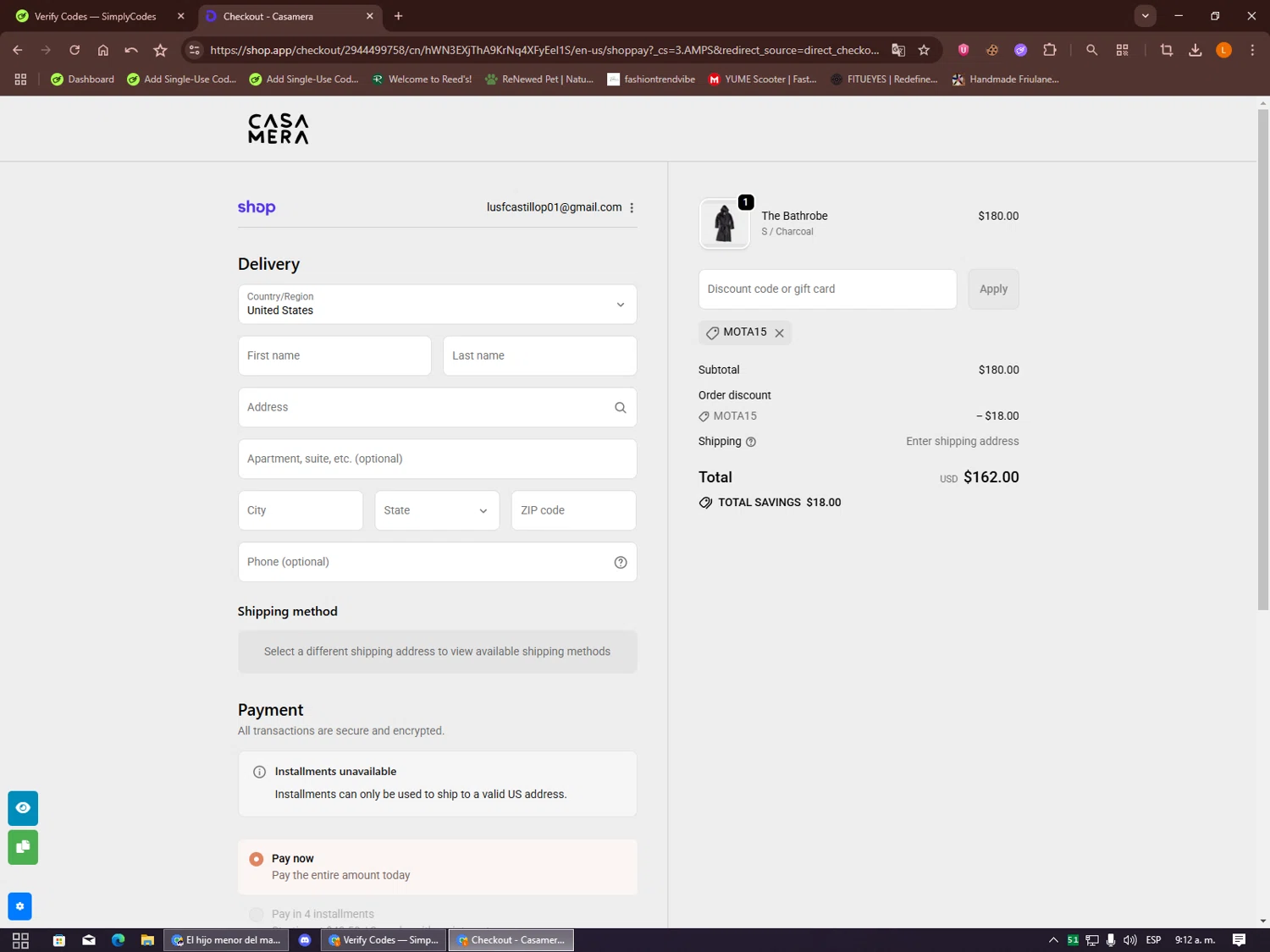 Casamera promo code screenshot showing code MOTA15 applied at Casamera checkout page. Uploaded by SimplyCodes community member Alalee on Sep 21, 2025