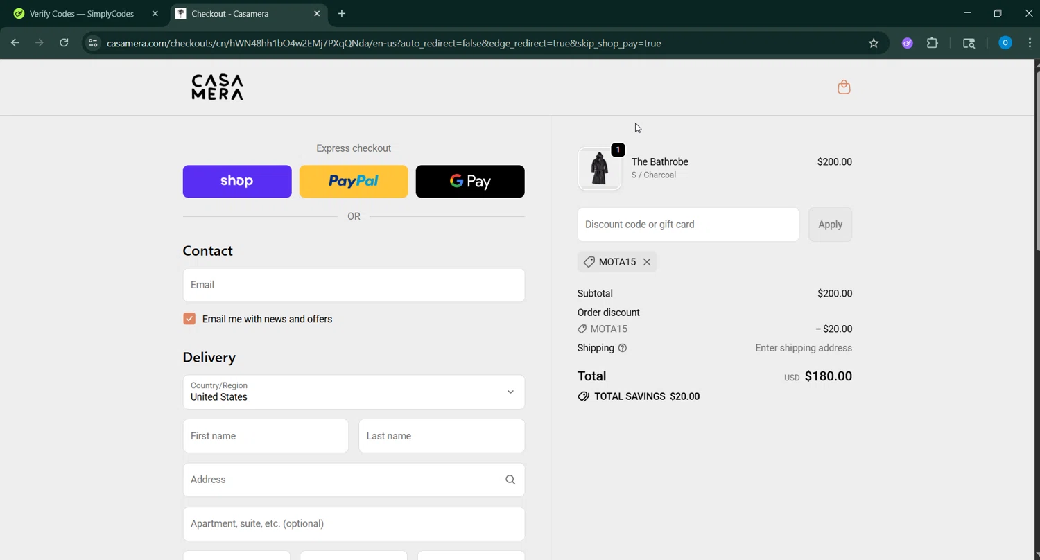 Casamera promo code screenshot showing code MOTA15 applied at Casamera checkout page. Uploaded by SimplyCodes community member RoyalSage9159 on Oct 15, 2025