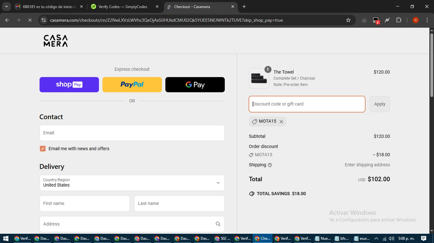 Casamera promo code screenshot showing code MOTA15 applied at Casamera checkout page. Uploaded by SimplyCodes community member WiseTracker2171 on Apr 10, 2025