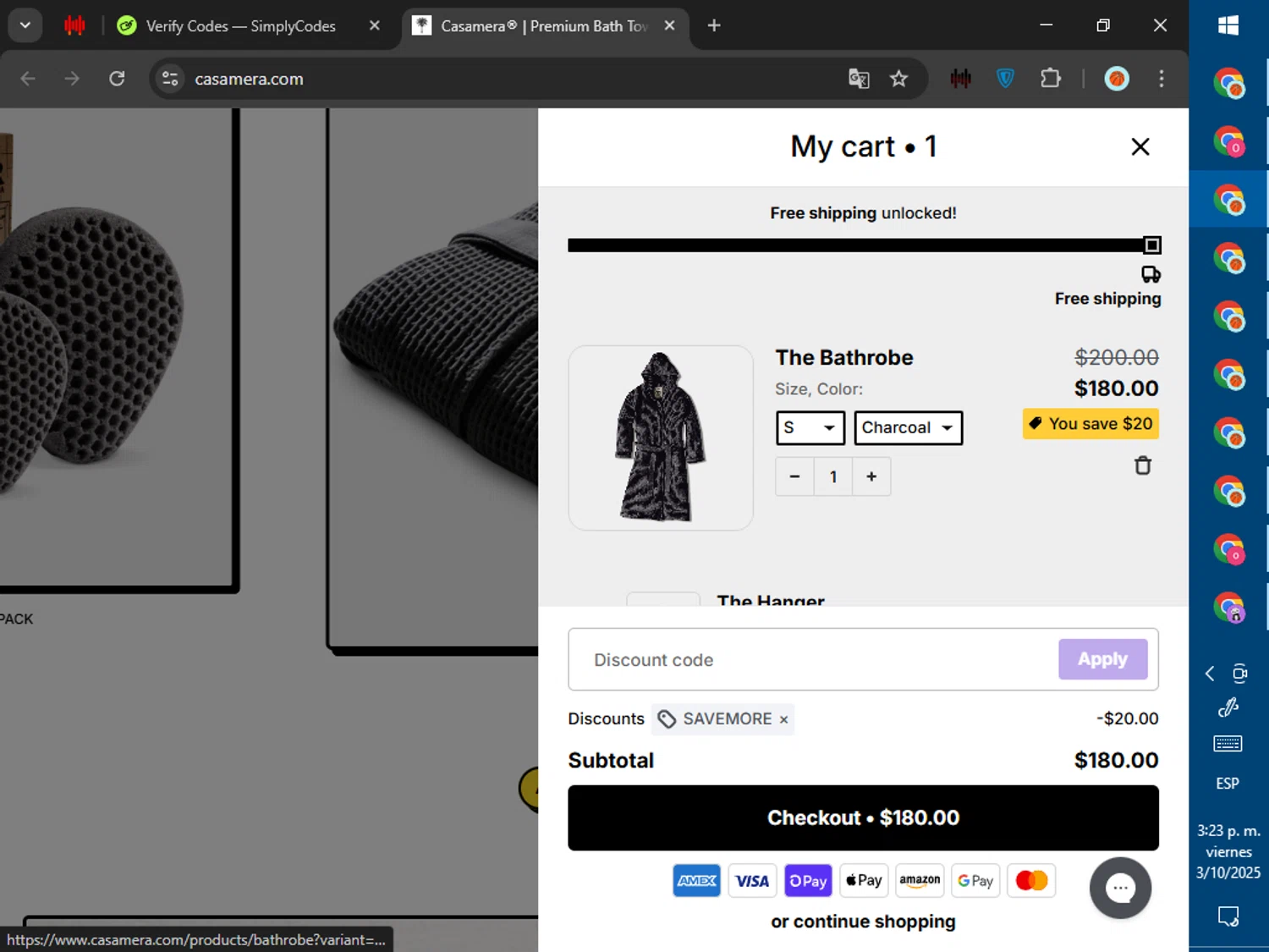 Casamera promo code screenshot showing code SAVEMORE applied at Casamera checkout page. Uploaded by SimplyCodes community member ValiantWarden8956 on Oct 3, 2025