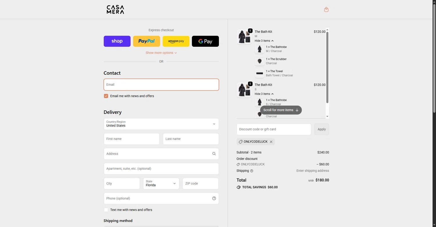 Casamera promo code screenshot showing code onlycodeluck applied at Casamera checkout page. Uploaded by SimplyCodes community member MightyMaestro356 on Nov 30, 2025
