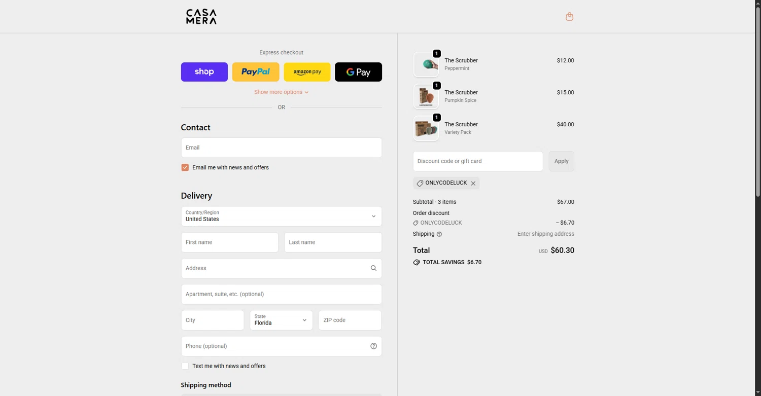 Casamera promo code screenshot showing code onlycodeluck applied at Casamera checkout page. Uploaded by SimplyCodes community member Mirian on Nov 21, 2025