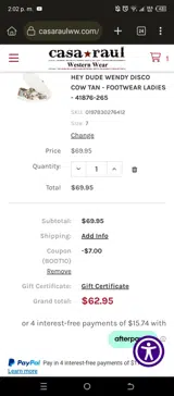 Casa Raul Western Wear coupon verification screenshot
