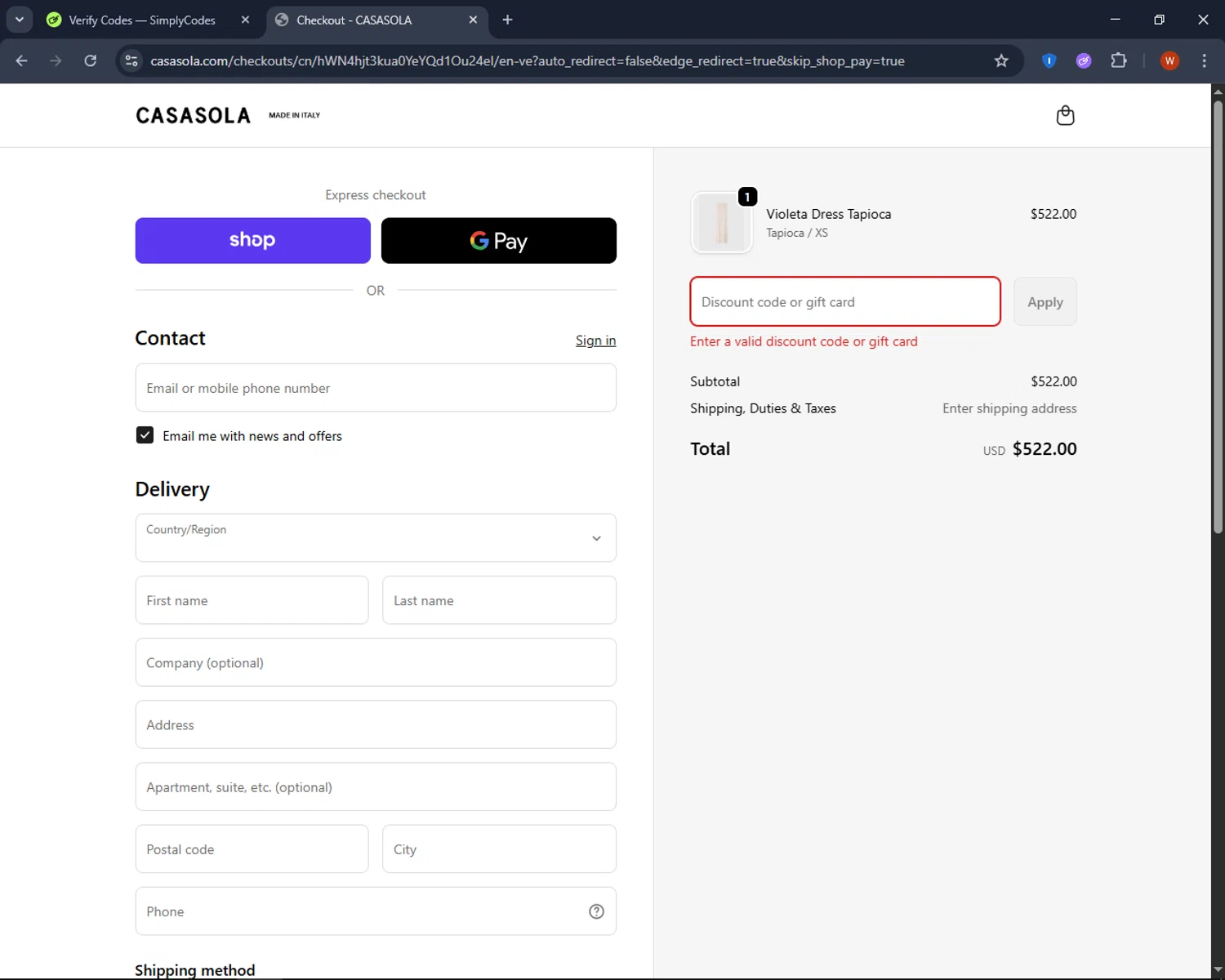 Casasola promo code screenshot showing code marialopez5 applied at Casasola checkout page. Uploaded by SimplyCodes community member CashPro9699 on Oct 30, 2025