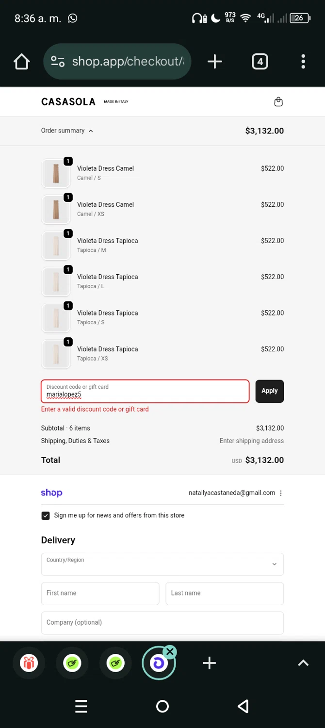 Casasola promo code screenshot showing code marialopez5 applied at Casasola checkout page. Uploaded by SimplyCodes community member Eltoro20 on Oct 30, 2025