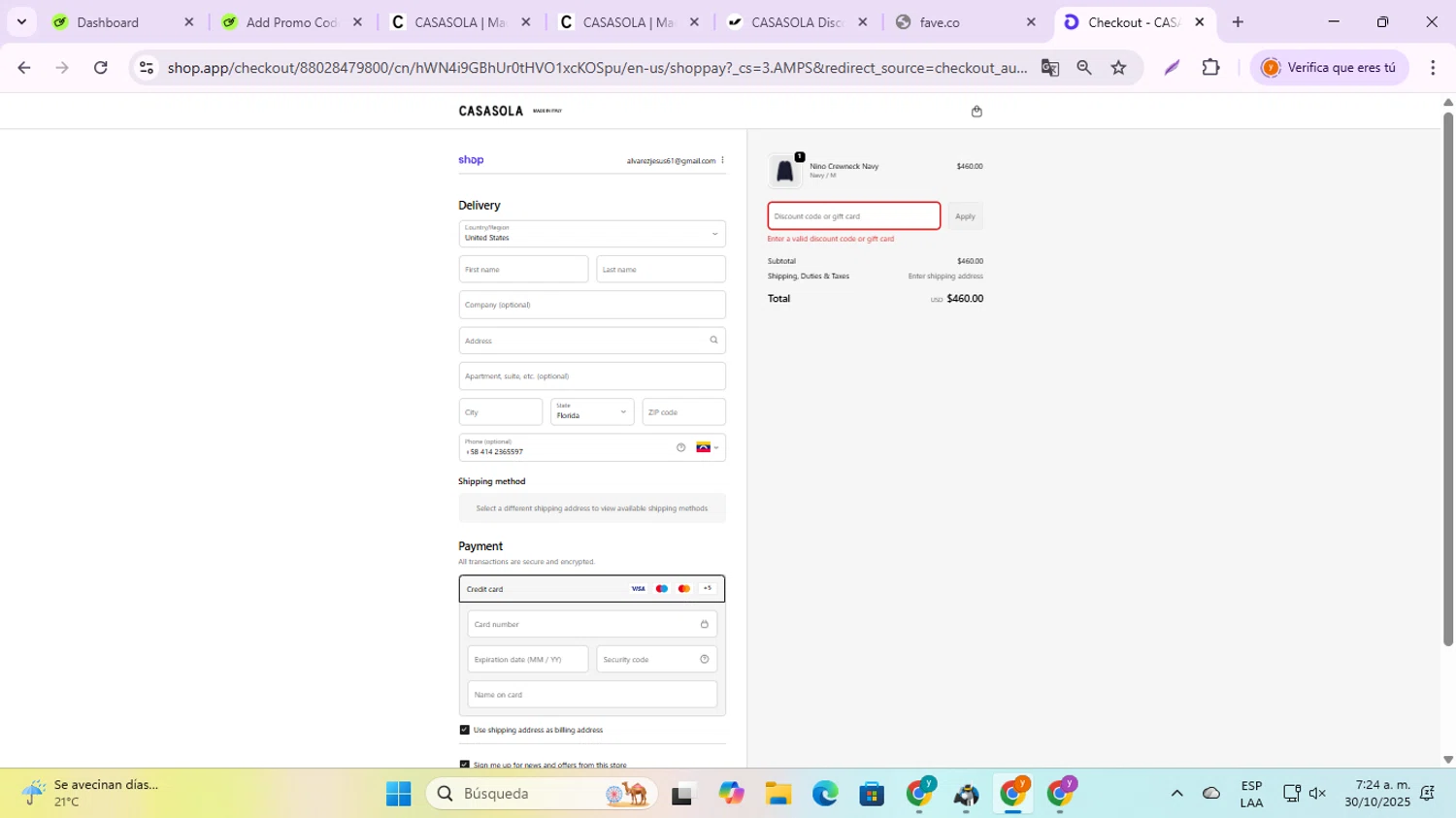 Casasola promo code screenshot showing code EXTRA10 applied at Casasola checkout page. Uploaded by SimplyCodes community member jesusalvarez1 on Oct 30, 2025