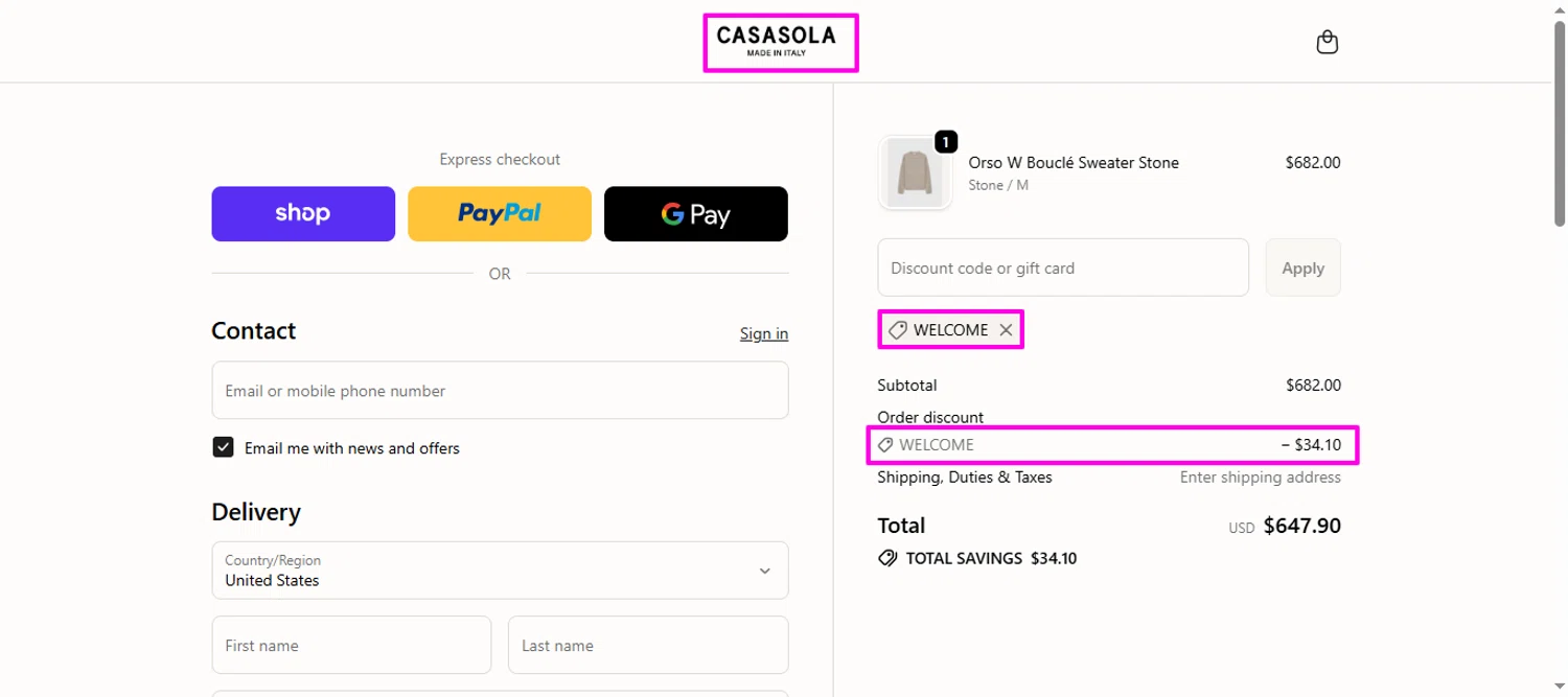 Casasola promo code screenshot showing code WELCOME applied at Casasola checkout page. Uploaded by SimplyCodes community member mrdarcy on Dec 30, 2025