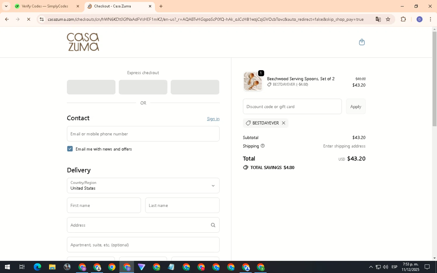 Casa Zuma promo code screenshot showing code BESTDAYEVER applied at Casa Zuma checkout page. Uploaded by SimplyCodes community member PennyCurator6489 on Dec 11, 2025